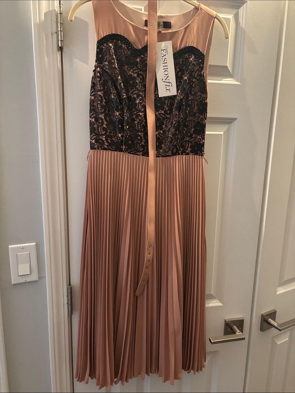 Eva Franco Blush Pink Midi Dress with Black Lace Bodice